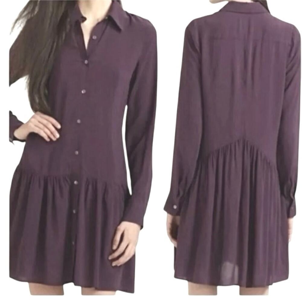 Theory Sz 6 Failly Rove Pleated Drop Waist Shirt Dress Long Sleeve Purple Button